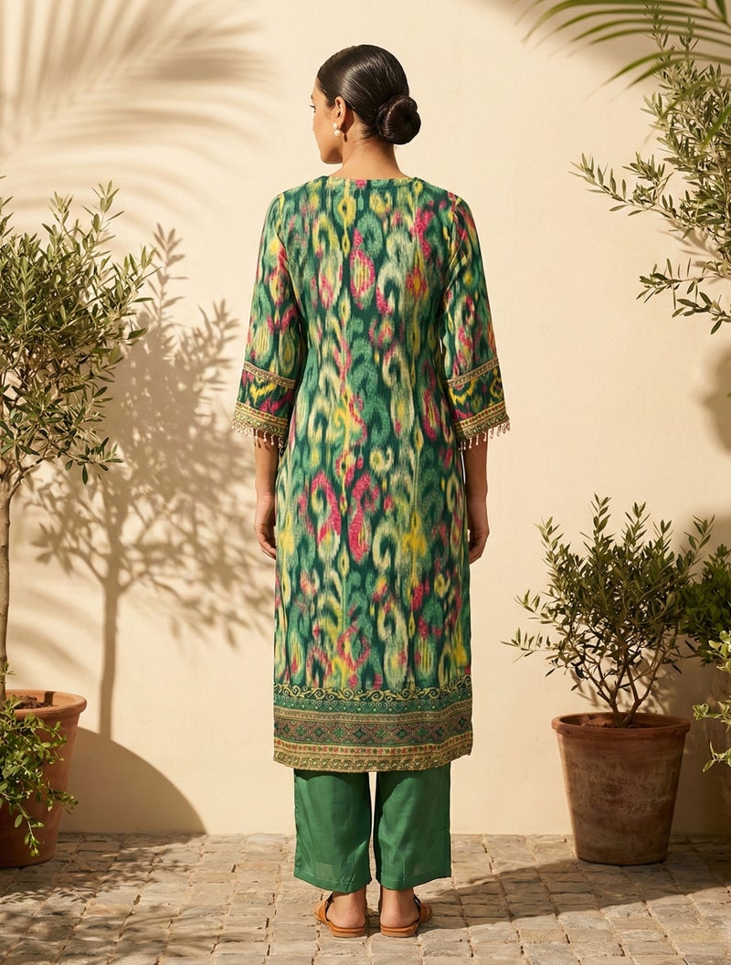 trueBrowns Green Ikat Print Embroidered V-Neck Kurta Pant Dupatta Set - Image 2